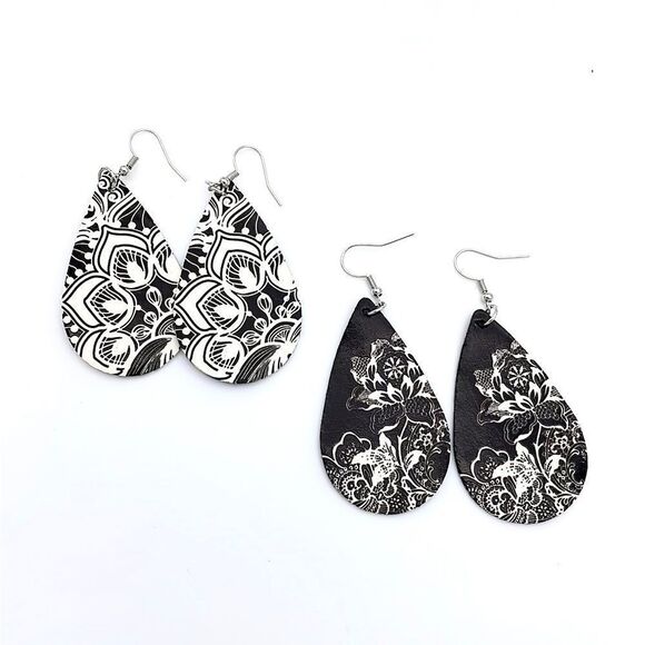 2 PAIR of Black and White Teardrop Leather Floral Design Earrings - Picture 4 of 4